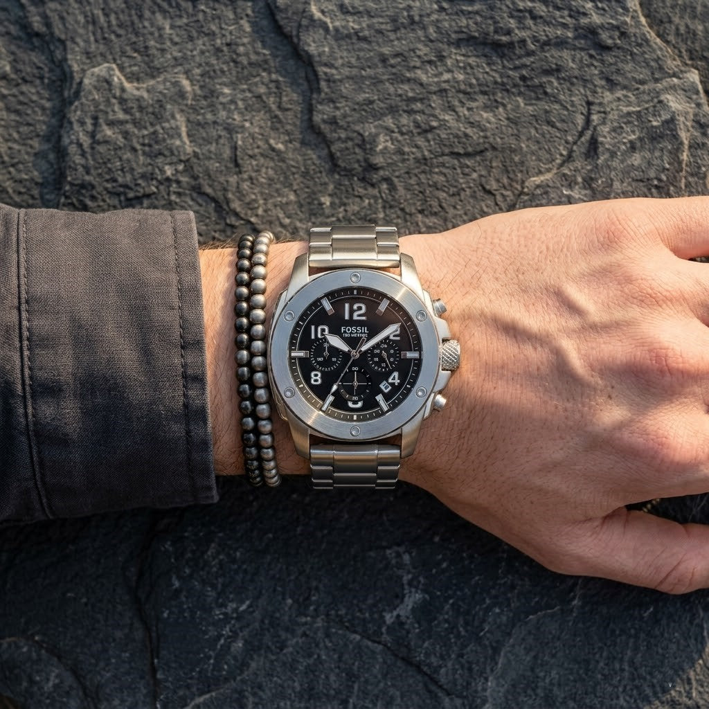 Close up shot of Fossil FS4926 on wrist showing black chronograph dial and details