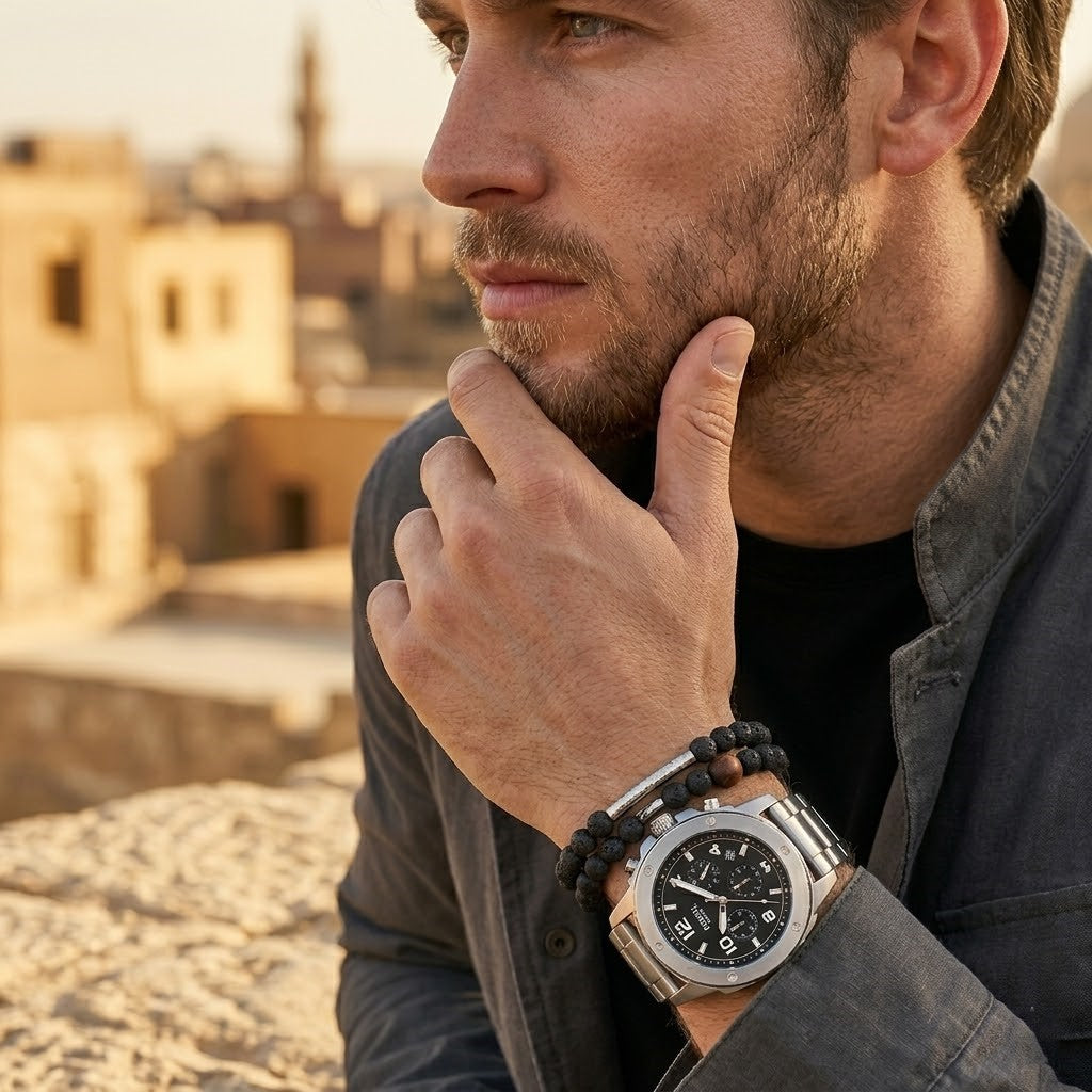 Lifestyle photo of Fossil FS4926 showing the watch on a man's wrist with solid steel bracelet