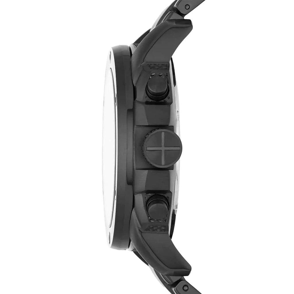 Side view photo of Fossil FS4927 showing case thickness and black steel bracelet connection