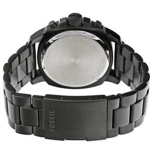 Back view photo of Fossil FS4927 showing the black stainless steel caseback and Fossil branding