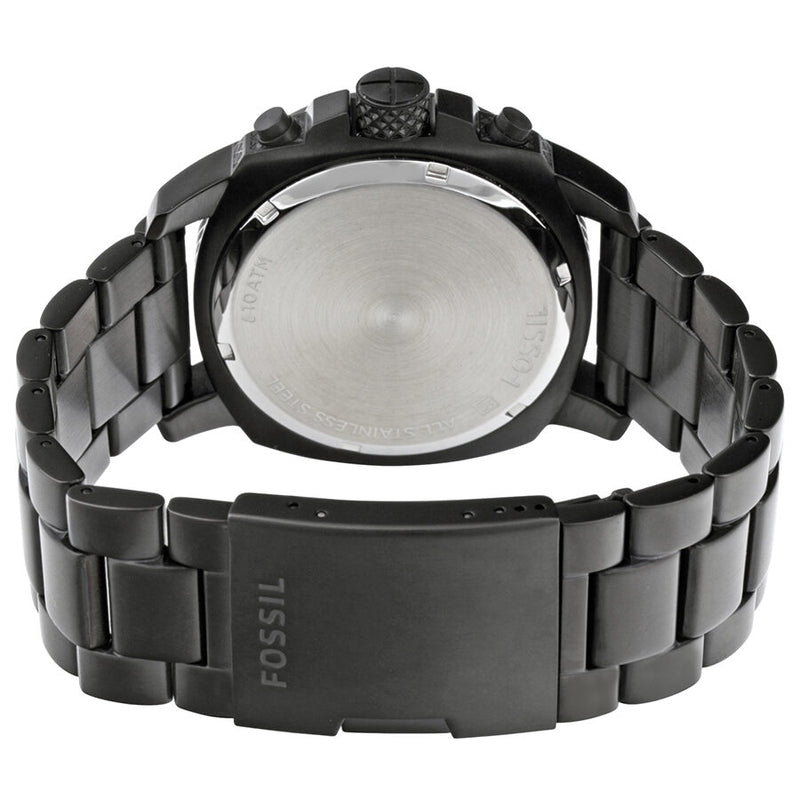 Back view photo of Fossil FS4927 showing the black stainless steel caseback and Fossil branding