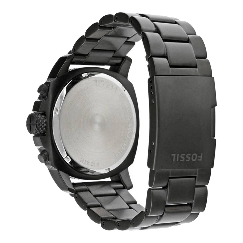 Back view photo of Fossil FS4927 showing the black stainless steel caseback and Fossil branding