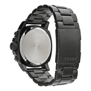 Back view photo of Fossil FS4927 showing the black stainless steel caseback and Fossil branding