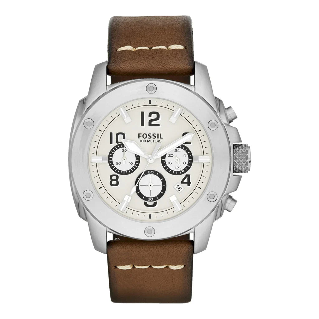Authentic real-life photo of Fossil FS4929 showing actual silver finish and brown crocodile leather strap