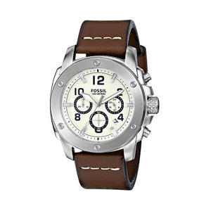 Angled real-life photo of Fossil FS4929 showing the silver case and crocodile leather texture