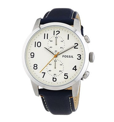 Front view of Fossil Commuter FS4932 men's chronograph watch with cream dial and blue leather strap.