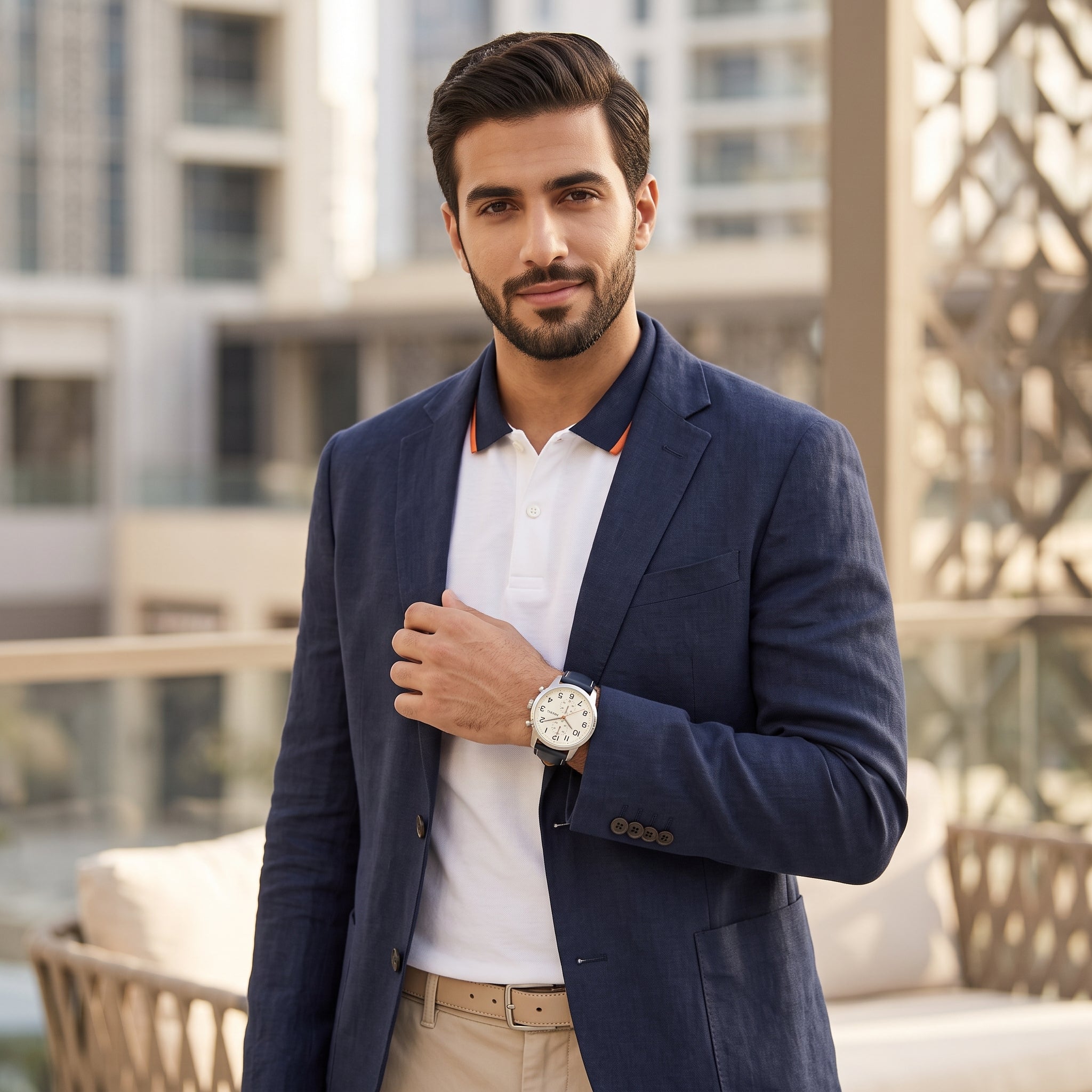 Luxury lifestyle image featuring the Fossil Commuter FS4932 chronograph watch.