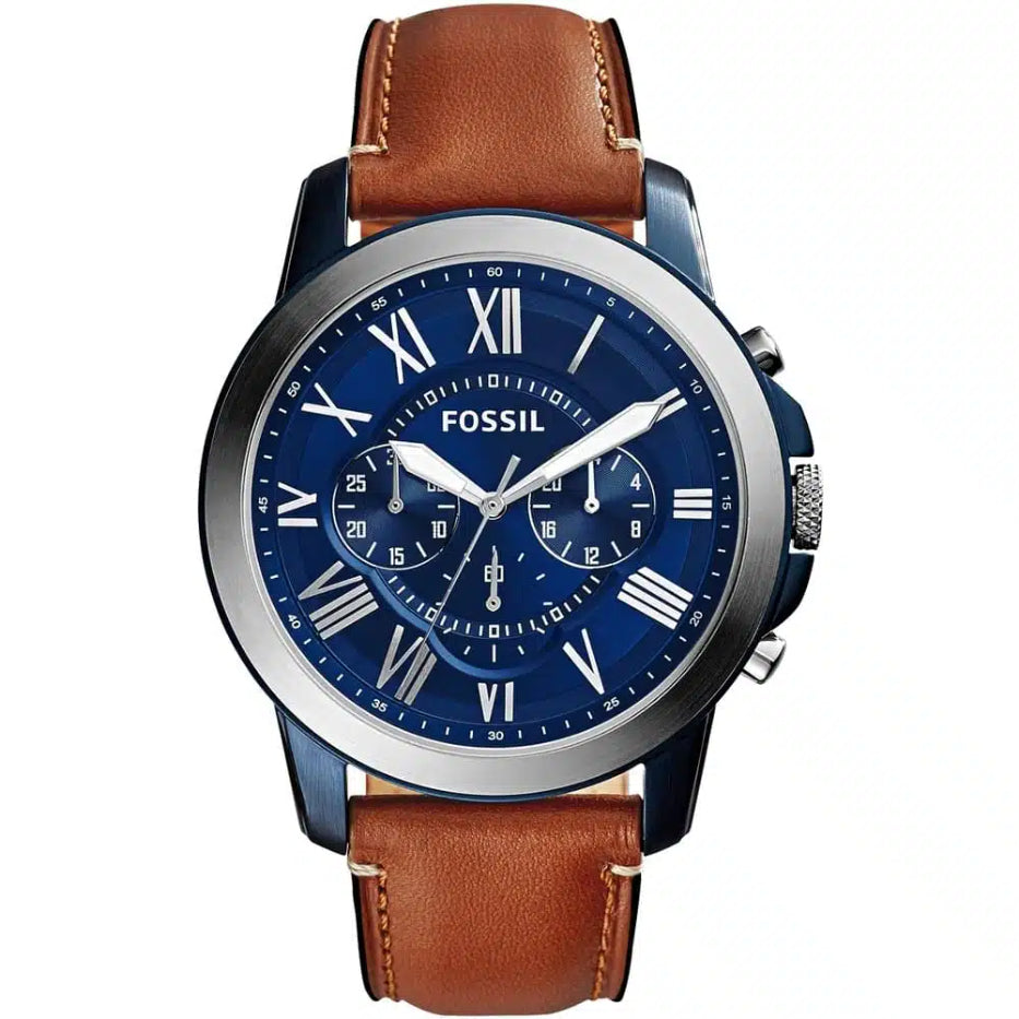 Front view of Fossil Grant FS5151 men's chronograph watch with blue dial and brown leather strap.