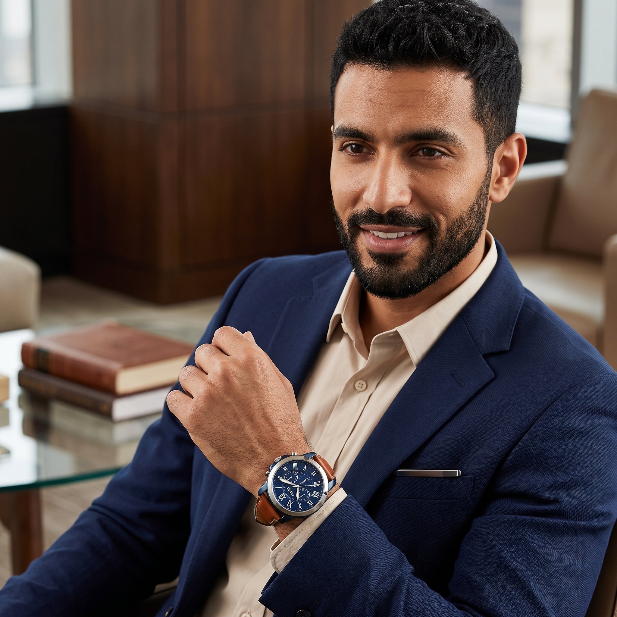 Luxury lifestyle image featuring the Fossil Grant FS5151 chronograph watch.