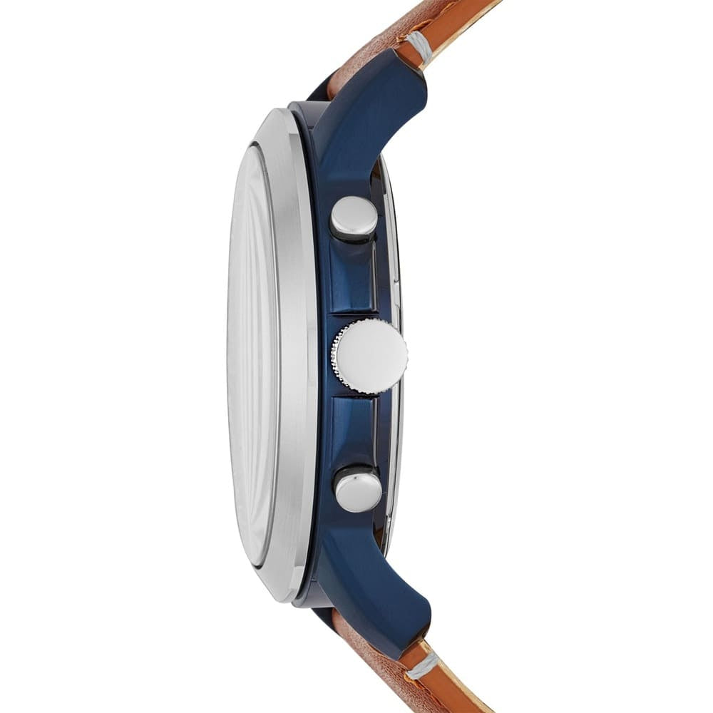 Close-up of a watch with a blue strap and brown leather band on a white background