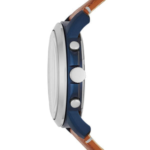 Close-up of a watch with a blue strap and brown leather band on a white background