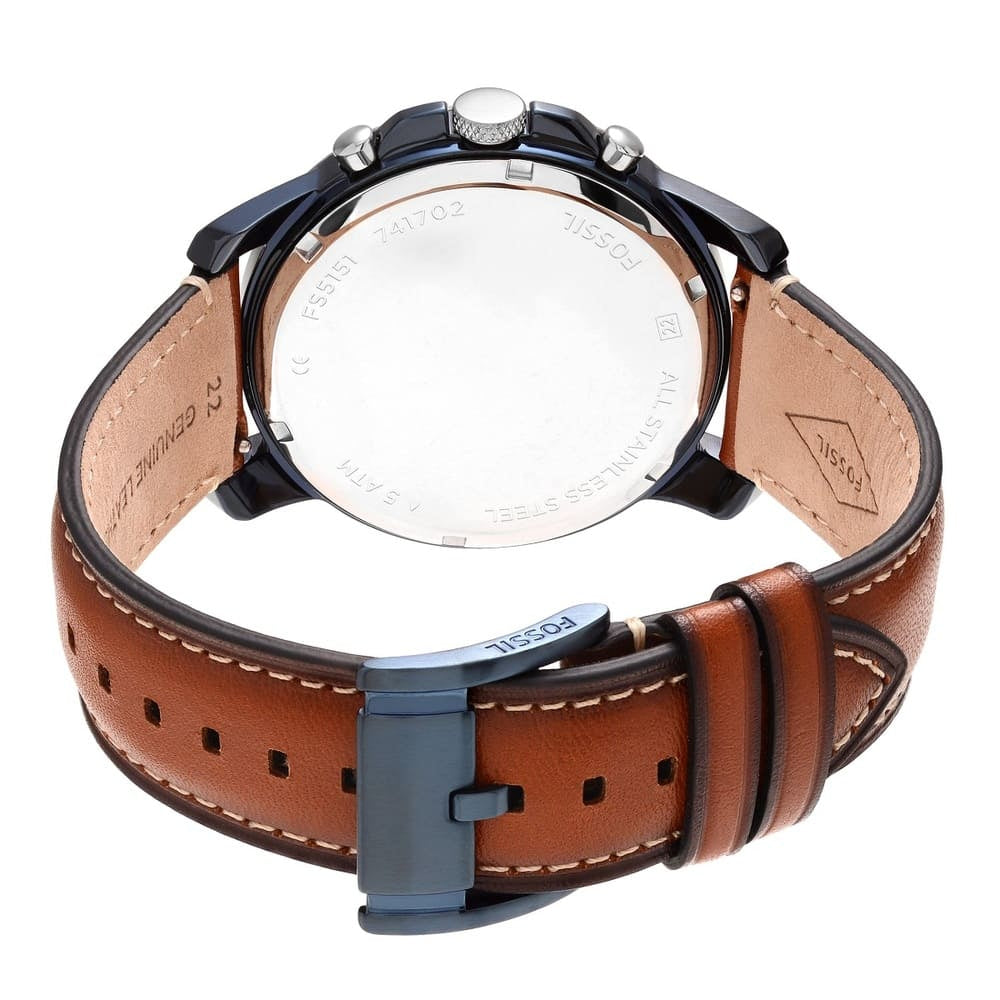 Watch with brown leather strap and blue clasp on a white background
