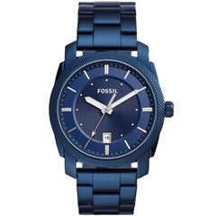 Front view of Fossil Machine FS5231 men's watch with blue dial, blue-tone stainless steel case and blue stainless steel bracelet.