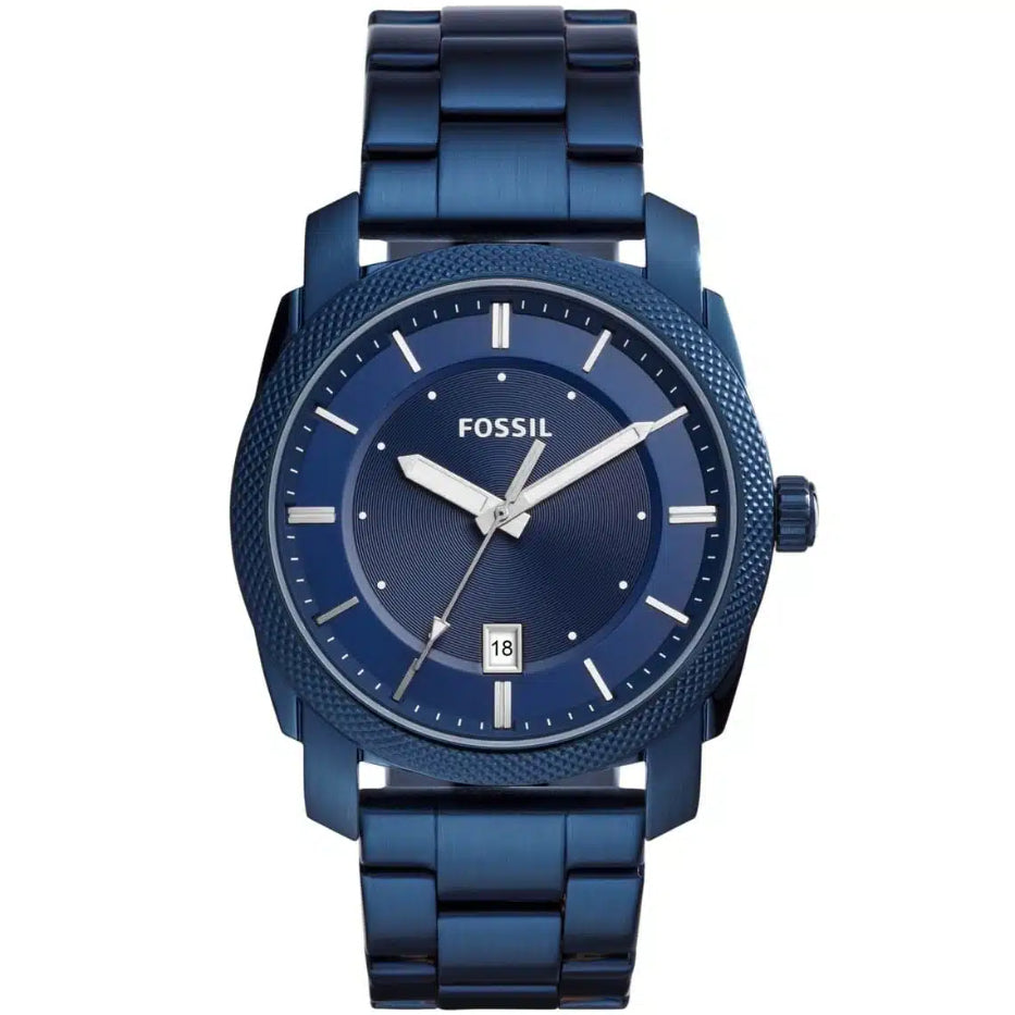 Front view of Fossil Machine FS5231 men's watch with blue dial, blue-tone stainless steel case and blue stainless steel bracelet.