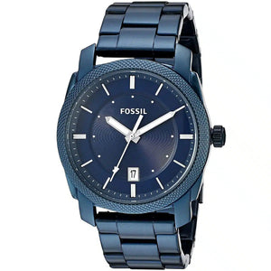 Fossil men's watch with a dark blue metal case, textured blue dial, and matching blue link bracelet on a white background.