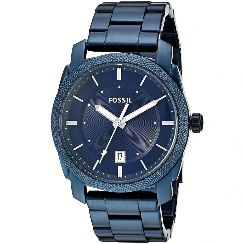 Fossil men's watch with a dark blue metal case, textured blue dial, and matching blue link bracelet on a white background.
