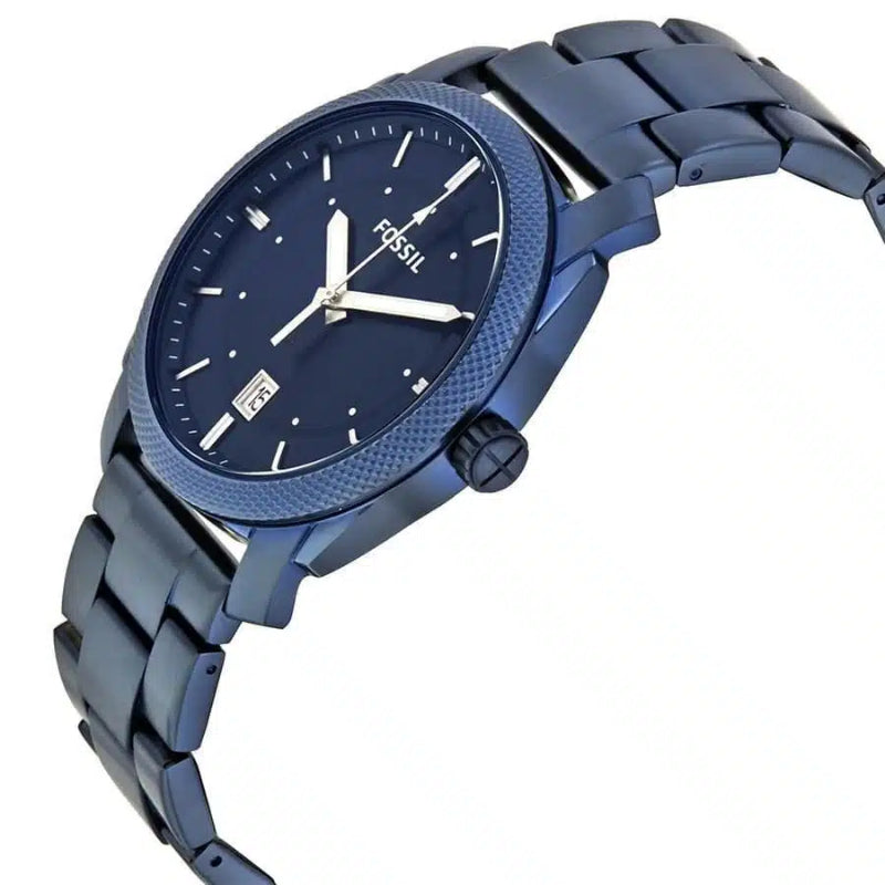 Blue watch with a metallic strap on a white background
