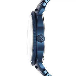 Close-up side profile of a blue metal watch with a textured bezel and matching blue strap on a white background.