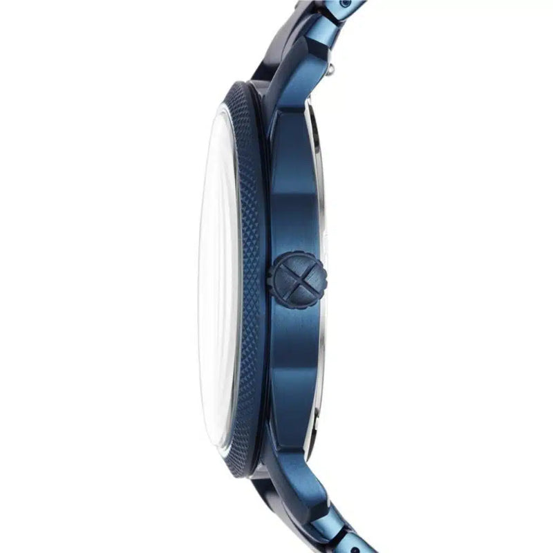 Close-up side profile of a blue metal watch with a textured bezel and matching blue strap on a white background.
