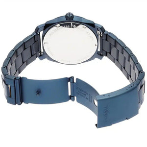 Blue watch with metal strap on a white background