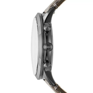 Side profile view of a dark gray watch with a brown leather strap on a white background.