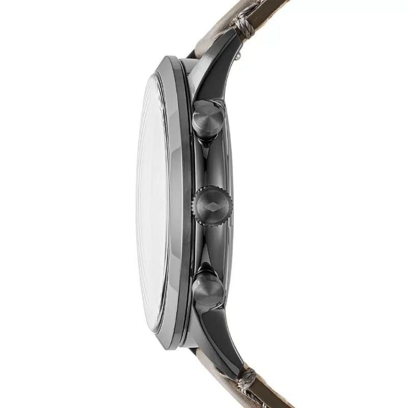 Side profile view of a dark gray watch with a brown leather strap on a white background.