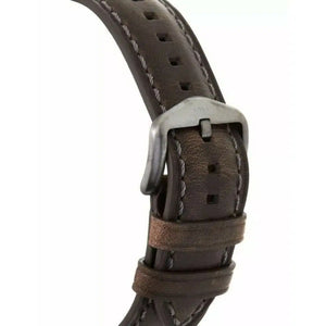 A close-up of a dark brown leather watch strap with white contrast stitching and a silver-tone metal buckle, shown against a plain white background.