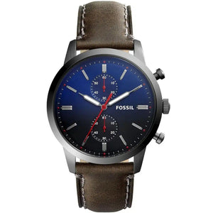 Front view of Fossil Townsman FS5378 men's chronograph watch with blue dial and brown leather strap.