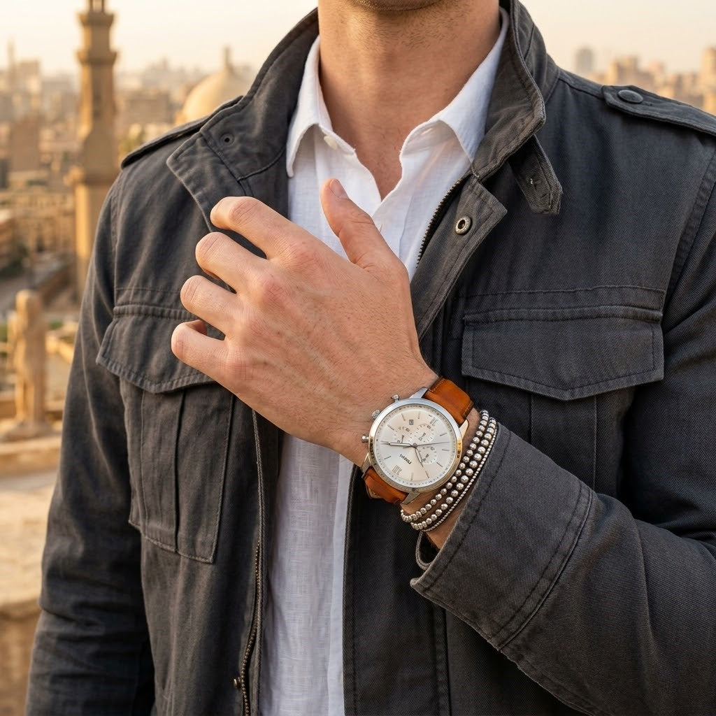 Fossil Neutra FS5380 silver chronograph watch with silver dial and brown leather strap - Lifestyle photo on wrist - 03