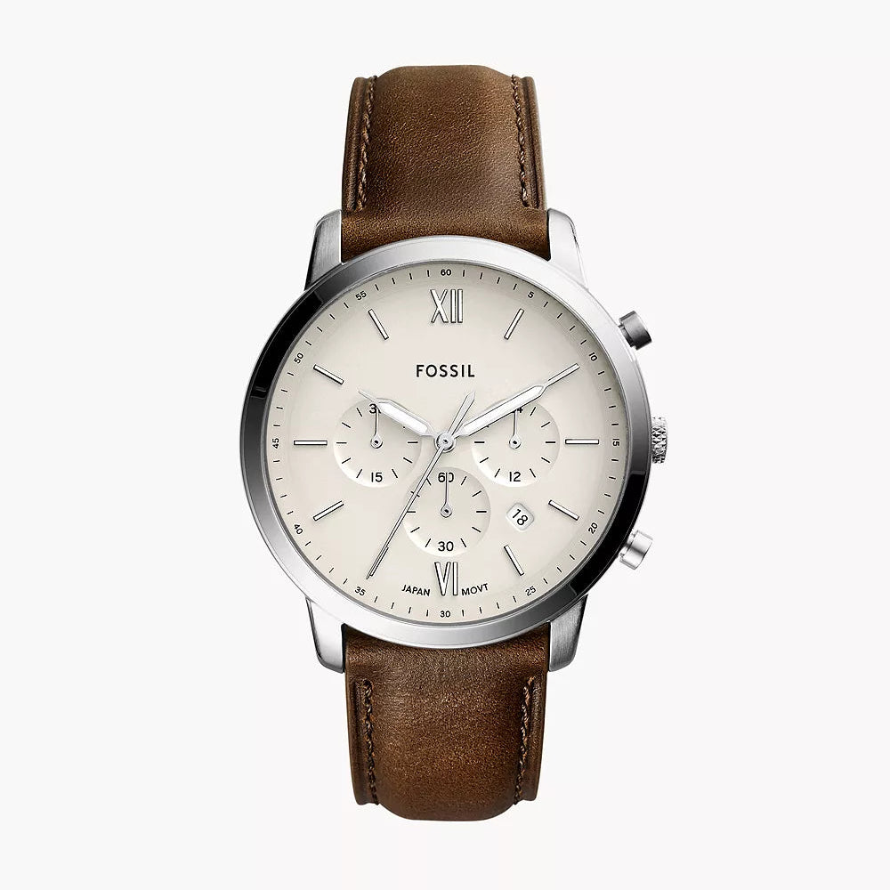 Fossil Neutra FS5380 silver chronograph watch with silver dial and brown leather strap - Authentic real-life photo - 01