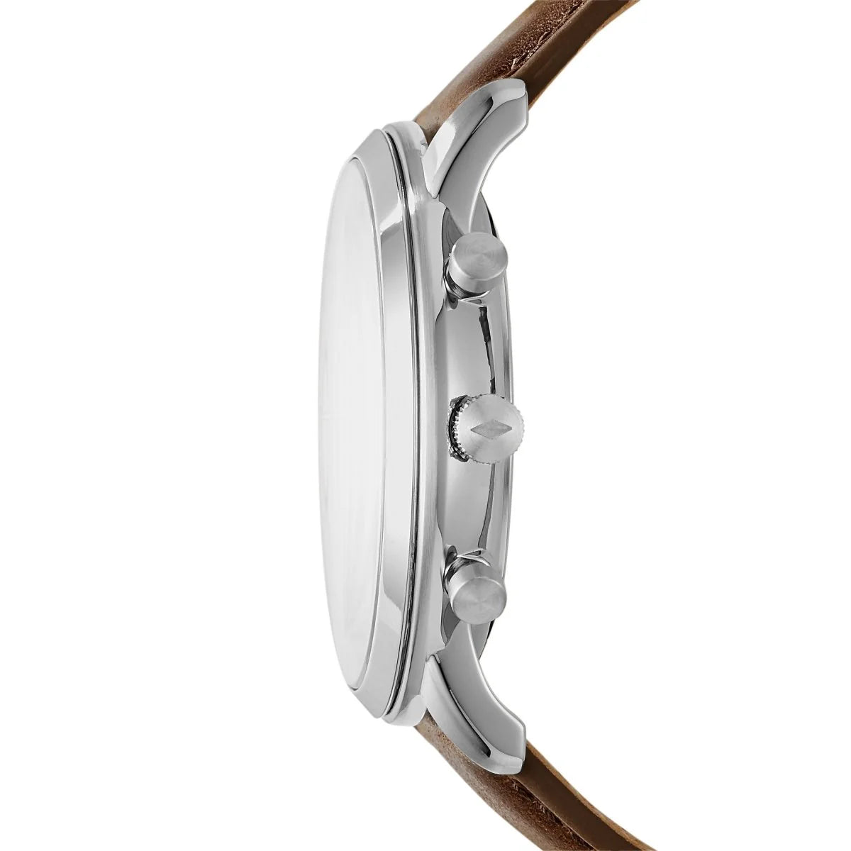 Fossil Neutra FS5380 silver chronograph watch with silver dial and brown leather strap - Side view showing thickness - 06
