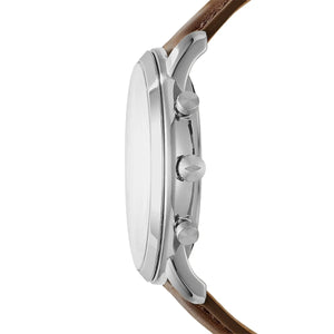 Fossil Neutra FS5380 silver chronograph watch with silver dial and brown leather strap - Side view showing thickness - 06