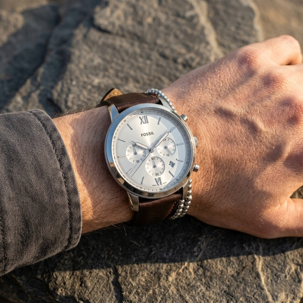 Fossil Neutra FS5380 silver chronograph watch with silver dial and brown leather strap - Close up shot on wrist - 02