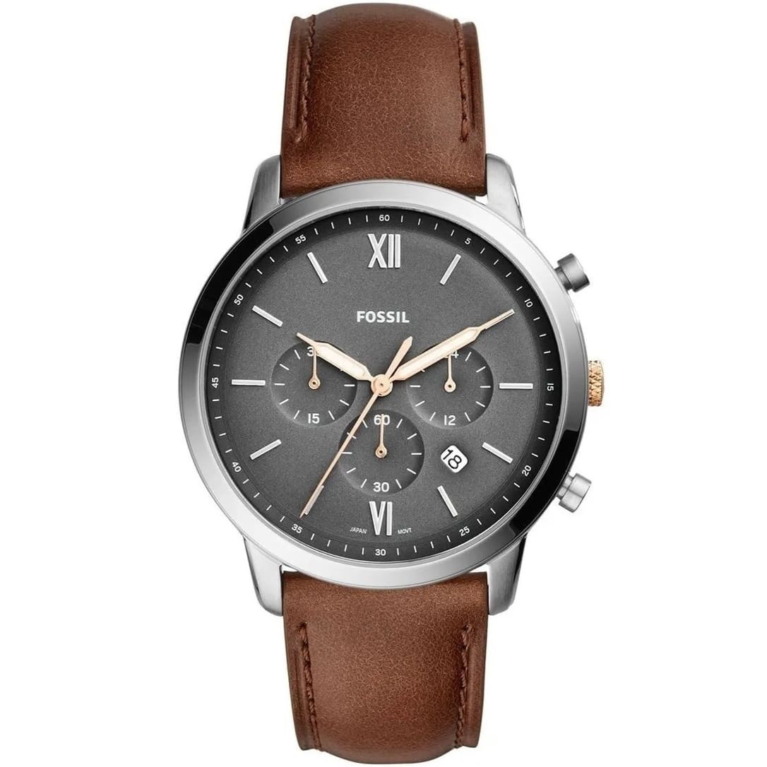 Authentic real-life photo of Fossil FS5408 showing actual silver finish and brown leather strap