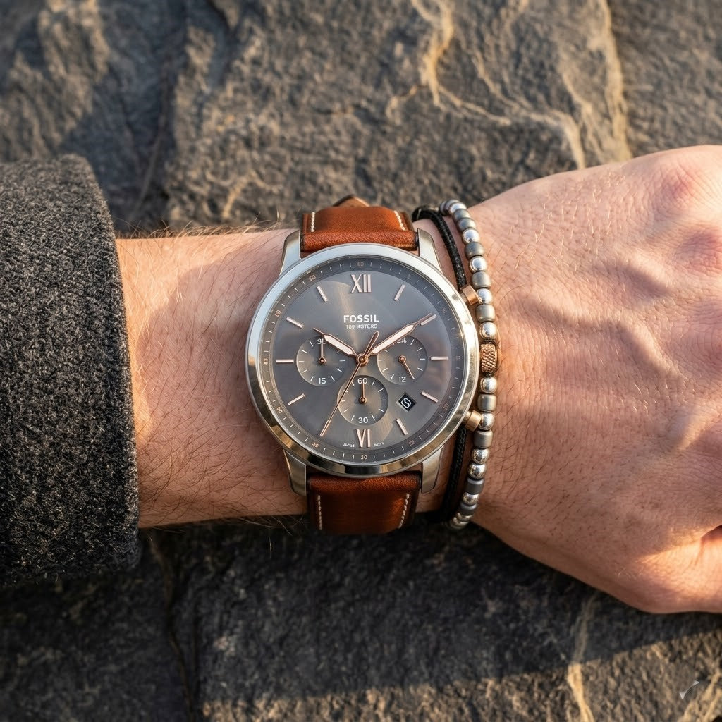 Close up shot of Fossil FS5408 on wrist showing gray chronograph dial and silver details