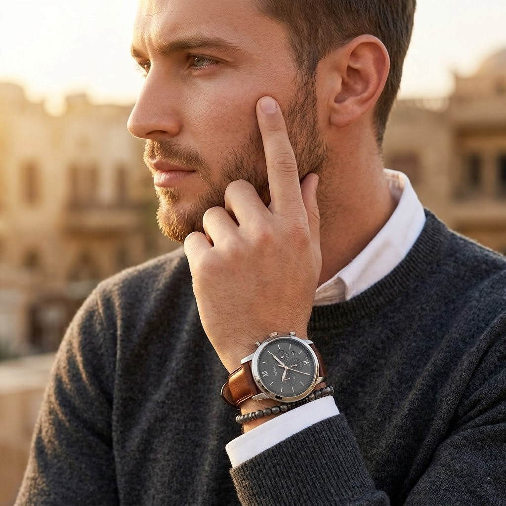 Lifestyle photo of Fossil FS5408 showing the watch on a man's wrist with brown leather strap