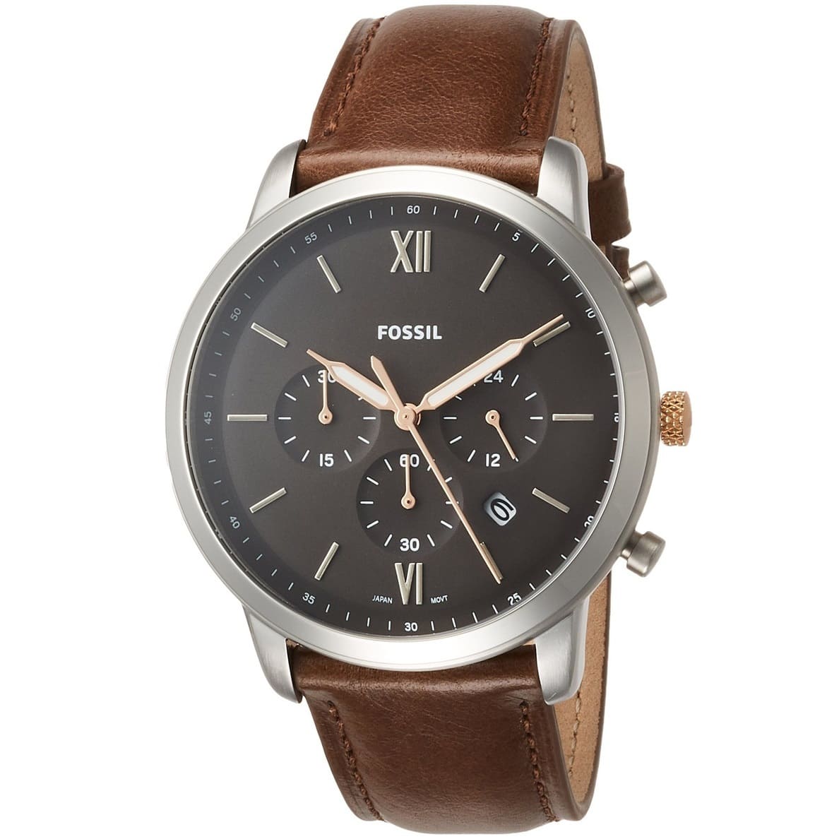 Angled real-life photo of Fossil FS5408 showing the vintage case and leather texture