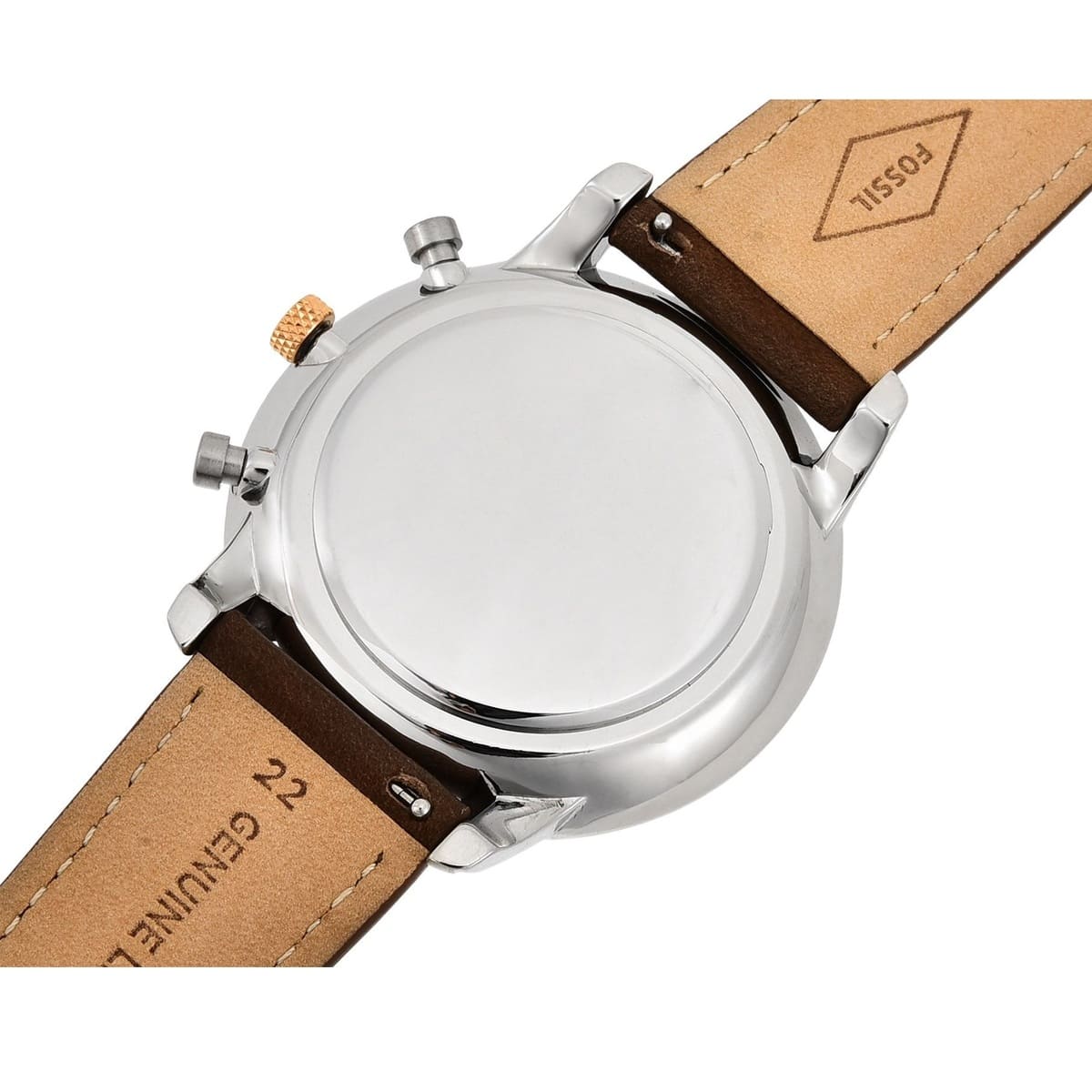 Back view photo of Fossil FS5408 showing the stainless steel caseback and Fossil branding