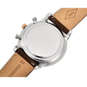 Back view photo of Fossil FS5408 showing the stainless steel caseback and Fossil branding