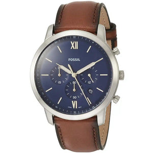 Fossil watch with brown leather strap and blue dial on a white background
