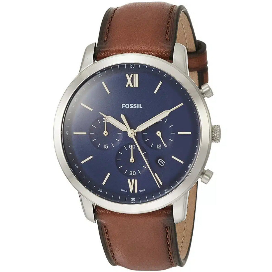 Fossil watch with brown leather strap and blue dial on a white background