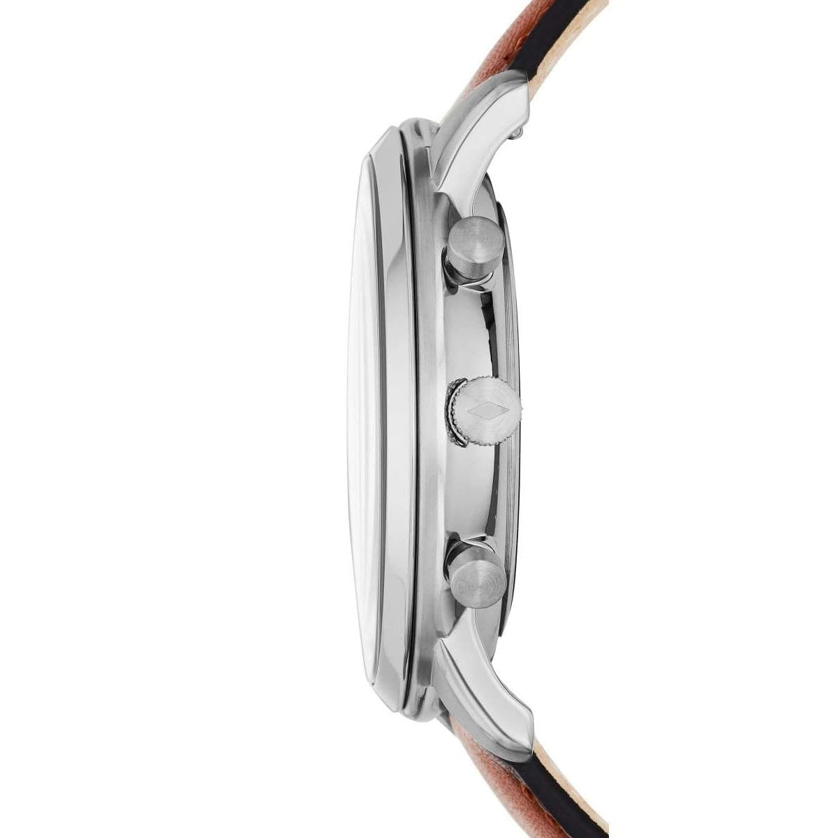 Close-up of a watch with a brown strap and silver case on a white background
