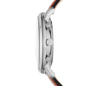 Close-up of a watch with a brown strap and silver case on a white background