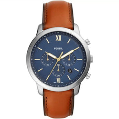 Fossil watch with brown leather strap and blue dial on a white background