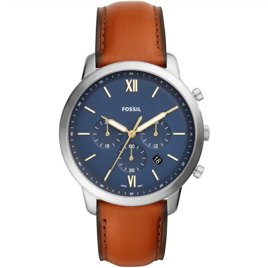 Fossil watch with brown leather strap and blue dial on a white background