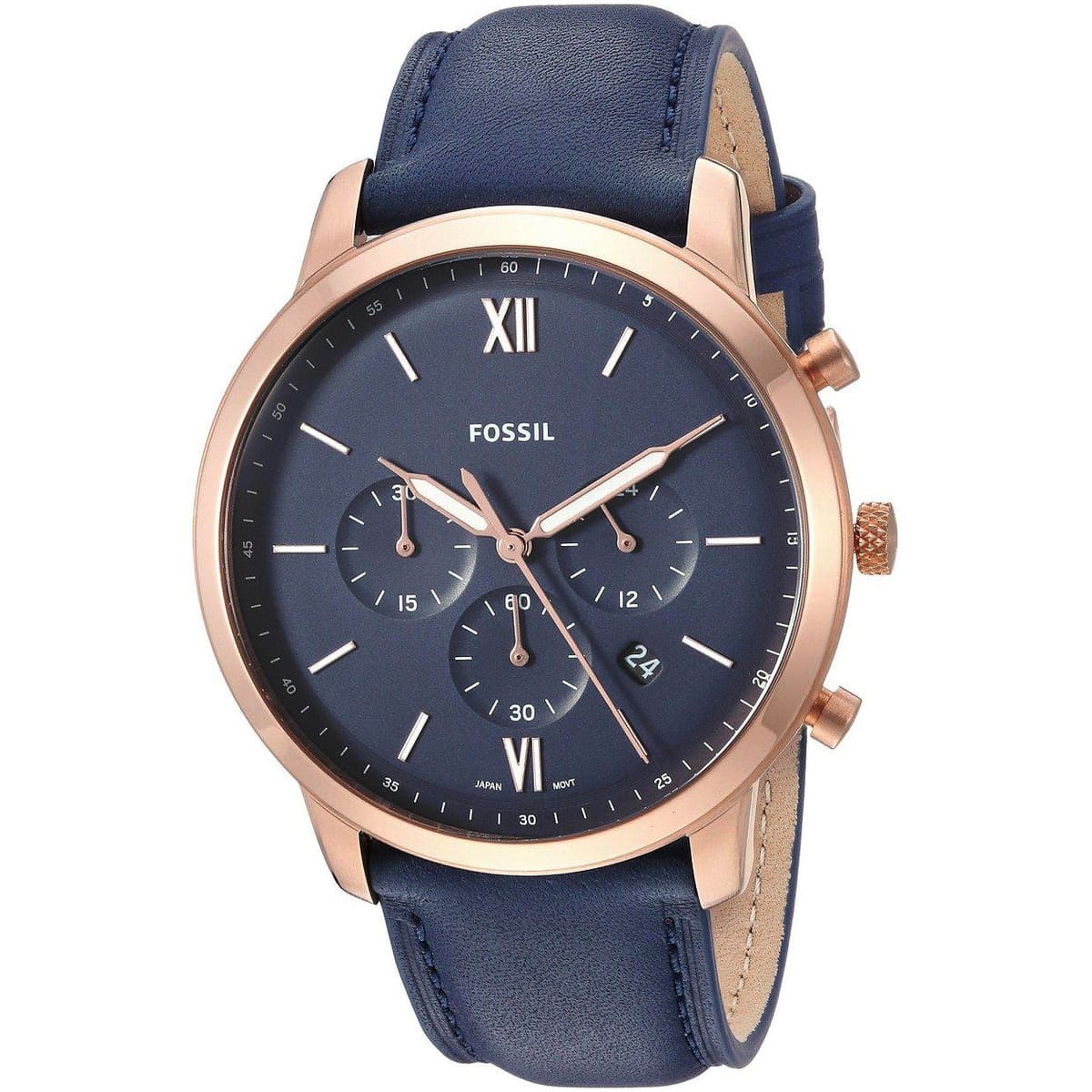 Fossil Neutra FS5454 silver and blue chronograph watch with blue leather strap - Angled real-life perspective - 04