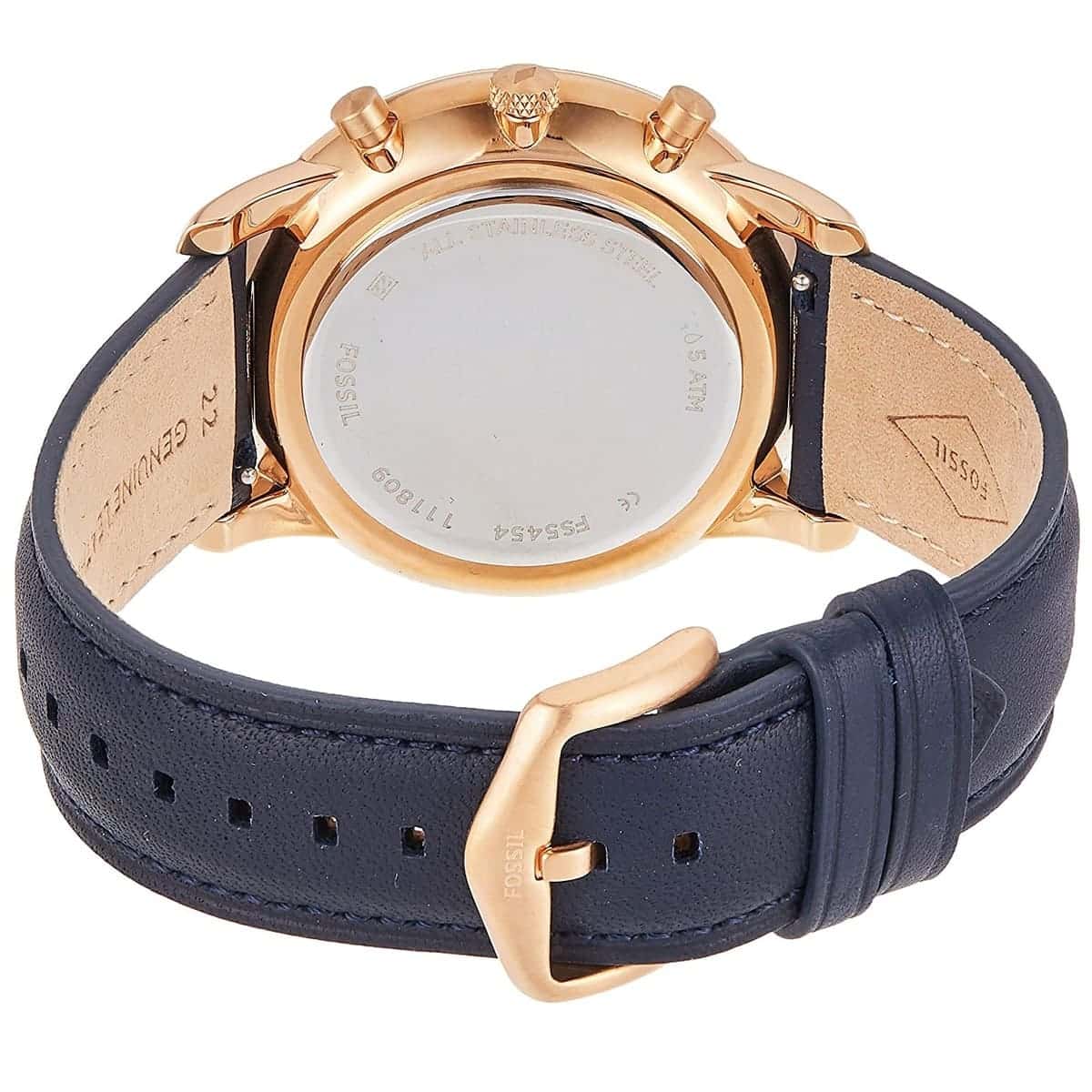 Fossil Neutra FS5454 silver and blue chronograph watch with blue leather strap - Stainless steel caseback - 09