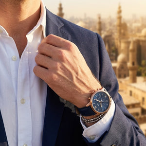 Fossil Neutra FS5454 silver and blue chronograph watch with blue leather strap - Lifestyle photo on wrist - 03