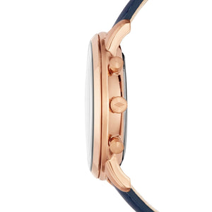 Fossil Neutra FS5454 silver and blue chronograph watch with blue leather strap - Side view showing thickness - 06