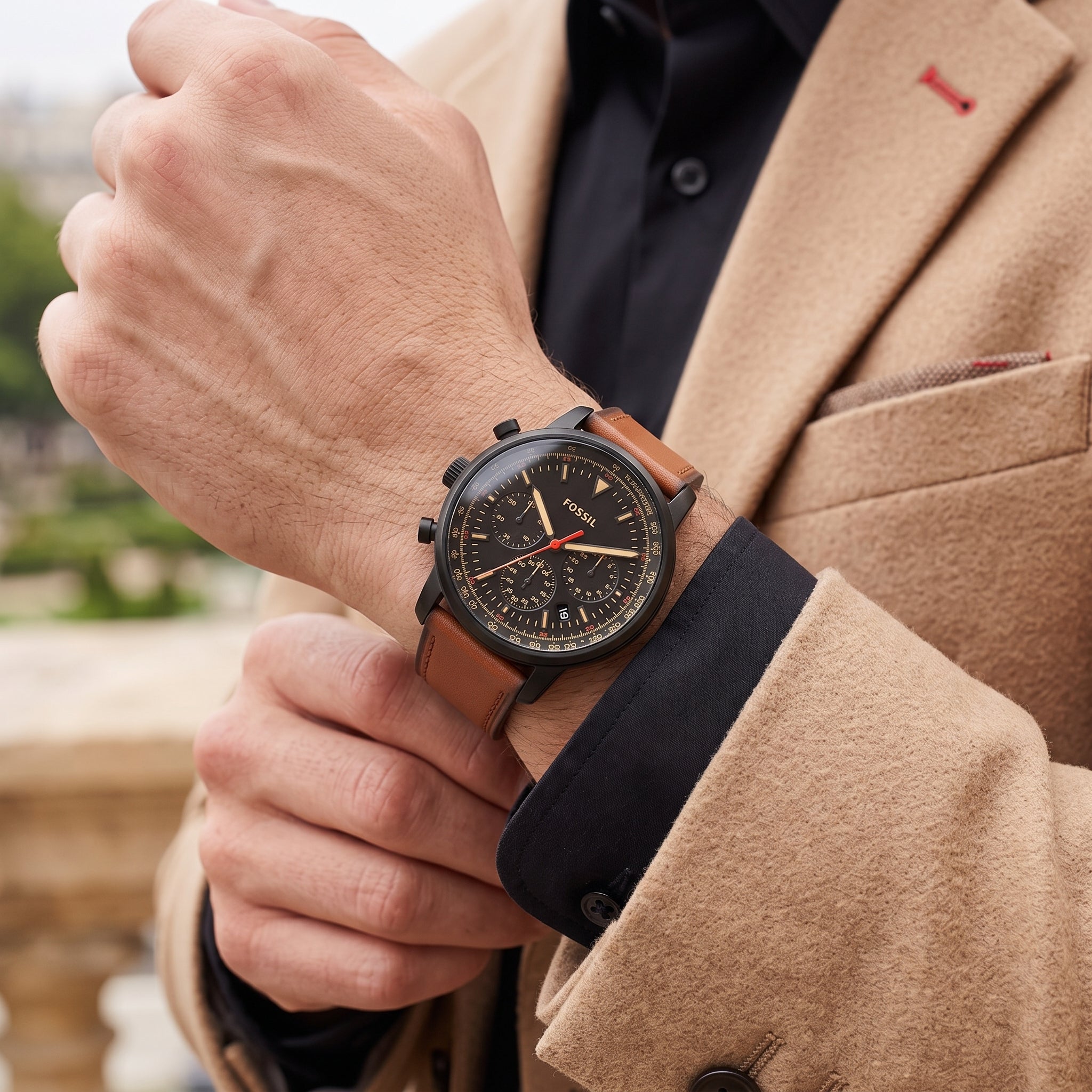 Fossil Goodwin FS5501 men's chronograph watch worn on the wrist.